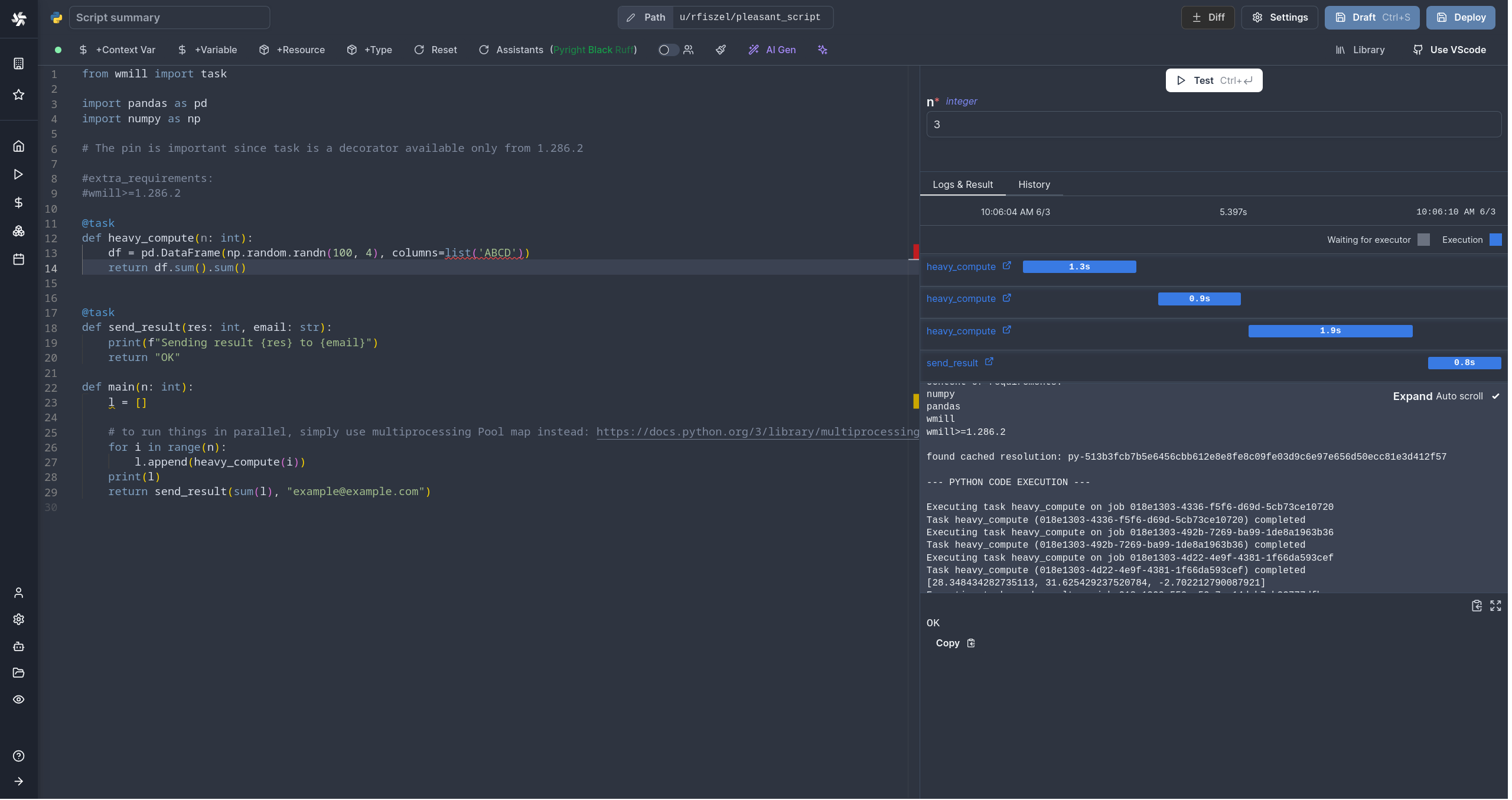 Script in python executing workflow as code